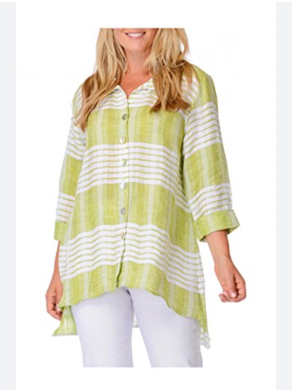 Habitat Linen Light Green Striped Button-Front Women's Tunic Top Sz M